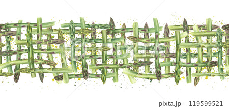 Spring green asparagus weave seamless pattern in realistic style on watercolor splashes. Intertwined fresh vegetable stems illustration. For dish presentations, menu, kitchen textile decor 119599521