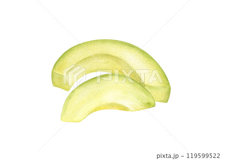 Two fresh avocado slices watercolor hand drawn food illustration. Chopped vegetable pile painted in realistic style. Food organic ingredient for vegan menu, recipe design, healthy salad decor. 119599522