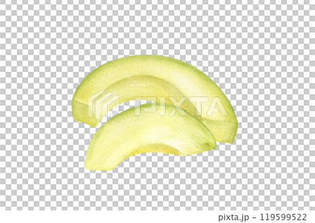 Two fresh avocado slices watercolor hand drawn food illustration. Chopped vegetable pile painted in realistic style. Food organic ingredient for vegan menu, recipe design, healthy salad decor. 119599522
