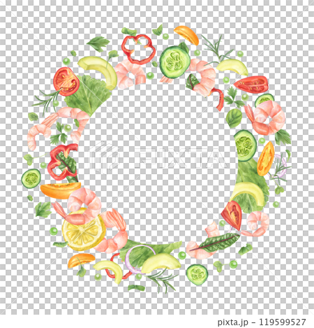 Fresh aromatic organic salad ingredients watercolor round wreath. Boiled prawns, tomatoes, onion, cucumber, sweet pepper, avocado, green peas frame with empty space for text. Low carbon diet 119599527