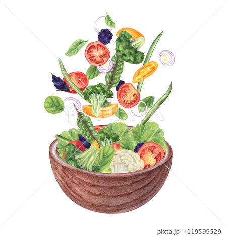 Flying chopped salad vegetable ingredients watercolor illustration Red, yellow tomatoes, broccoli, cauliflower, onions, beans, and green herb leaves. Healthy vegetarian bowl for menu, recipe design. Flying chopped salad vegetable ingredients watercolor illustration Red, yellow tomatoes, broccoli, cauliflower, onions, beans, and green herb leaves. Healthy vegetarian bowl for menu, recipe design. 119599529