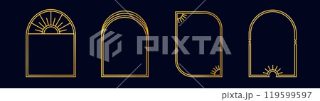 Golden magical arches with sun designs and patterns. Decorative arch for interiors set against 119599597