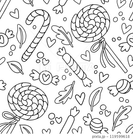 Coloring book. Vector seamless pattern with Halloween sweets and candies on a white background. cute halloween print. Doodle style drawing 119599618
