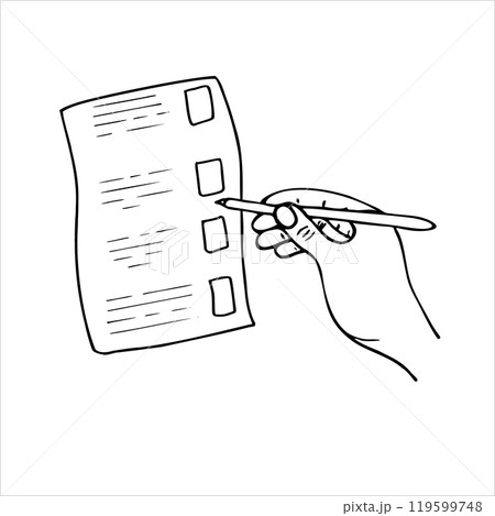 Hand holds pen and marks on planner or business organizer vector sketch in black and white graphic. To do list or questionnaire illustration. For web sites, apps, stores. Concept of survey, quiz Hand holds pen and marks on planner or business organizer vector sketch in black and white graphic. To do list or questionnaire illustration. For web sites, apps, stores. Concept of survey, quiz 119599748