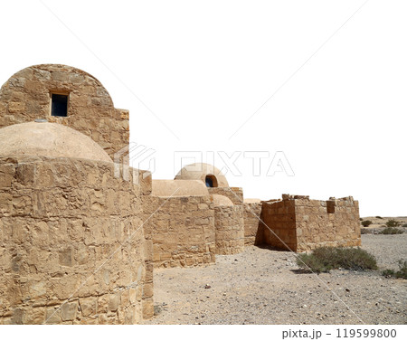 Quseir (Qasr) Amra desert castle (on white background) near Amman, Jordan. World heritage with famous fresco's. Built in 8th century, of early Islamic art and architecture Quseir (Qasr) Amra desert castle (on white background) near Amman, Jordan. World heritage with famous fresco's. Built in 8th century, of early Islamic art and architecture 119599800