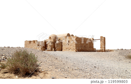 Quseir (Qasr) Amra desert castle (on white background) near Amman, Jordan. World heritage with famous fresco's. Built in 8th century, of early Islamic art and architecture Quseir (Qasr) Amra desert castle (on white background) near Amman, Jordan. World heritage with famous fresco's. Built in 8th century, of early Islamic art and architecture 119599803
