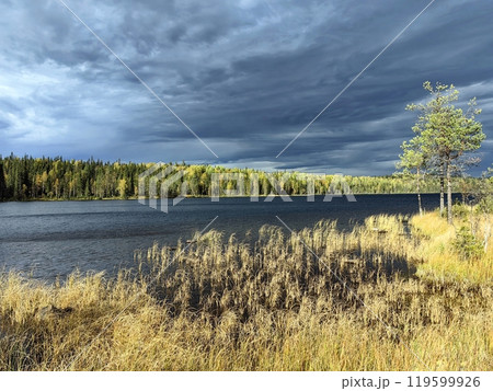 Autumn landscapes of Paanajarvi National Park in Karelia showcasing serene waters and vibrant foliage 119599926