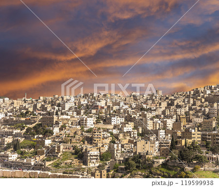 Amman city landmarks-- old roman Citadel Hill, Jordan. Against the background of a beautiful sky with clouds 119599938