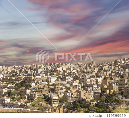 Amman city landmarks-- old roman Citadel Hill, Jordan. Against the background of a beautiful sky with clouds 119599939