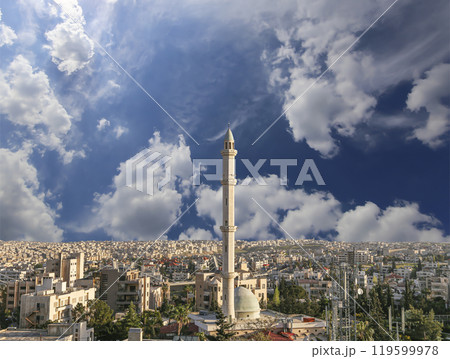 Amman city landmarks-- old roman Citadel Hill, Jordan. Against the background of a beautiful sky with clouds 119599978