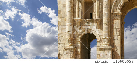 Arch of Hadrian in Gerasa (Jerash)-- was built to honor the visit of emperor Hadrian to Jerash in 129/130 AD, Jordan. Against the background of a beautiful sky with clouds Arch of Hadrian in Gerasa (Jerash)-- was built to honor the visit of emperor Hadrian to Jerash in 129/130 AD, Jordan. Against the background of a beautiful sky with clouds 119600055