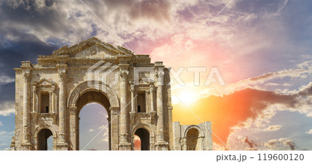 Arch of Hadrian in Gerasa (Jerash)-- was built to honor the visit of emperor Hadrian to Jerash in 129/130 AD, Jordan. Against the background of a beautiful sky with clouds 119600120