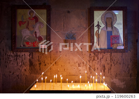 Interior of Jvari Monastery, 6th century Georgian Orthodox monastery and UNESCO World Heritage site near Mtskheta in eastern Georgia Interior of Jvari Monastery, 6th century Georgian Orthodox monastery and UNESCO World Heritage site near Mtskheta in eastern Georgia 119600263
