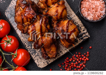 Grilled chicken or turkey shish kebab with salt, spices and herbs 119600282
