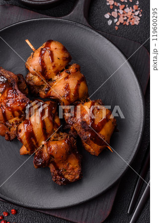 Grilled chicken or turkey shish kebab with salt, spices and herbs Grilled chicken or turkey shish kebab with salt, spices and herbs 119600295