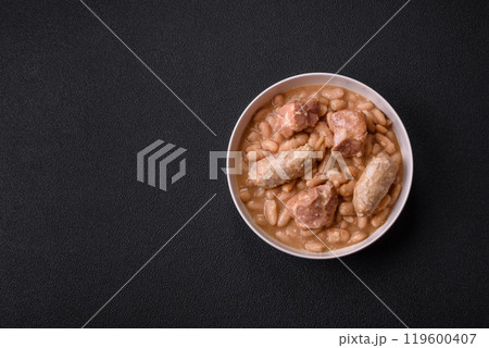 Cassoulet with white beans, meat and sausages, vegetables, salt and spices Cassoulet with white beans, meat and sausages, vegetables, salt and spices 119600407