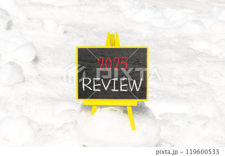 Planning 2025 review new year symbol. Concept words 2025 Review on beautiful yellow chalk blackboard. Beautiful white snow background. Business 2025 review new year concept. Copy space. Planning 2025 review new year symbol. Concept words 2025 Review on beautiful yellow chalk blackboard. Beautiful white snow background. Business 2025 review new year concept. Copy space. 119600533