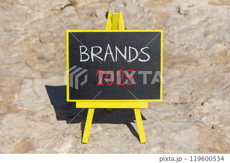 Planning brands 2025 new year symbol. Concept words Brands 2025 on beautiful yellow chalk blackboard. Beautiful stone beach background. Business brands 2025 new year concept. Copy space. 119600534