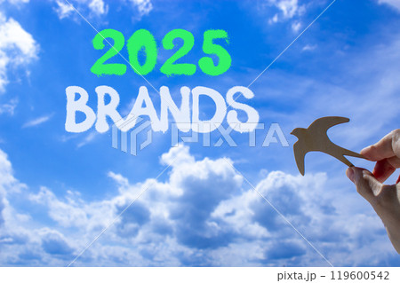 Planning 2025 brands new year symbol. Concept words 2025 Brands on beautiful blue sky. Beautiful blue sky clouds background. Hand with wooden bird. Business 2025 brands new year concept. Copy space. 119600542