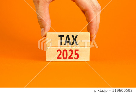 Planning tax 2025 new year symbol. Concept words Tax 2025 on beautiful wooden blocks. Beautiful orange background. Businessman hand. Business tax 2025 new year concept. Copy space. Planning tax 2025 new year symbol. Concept words Tax 2025 on beautiful wooden blocks. Beautiful orange background. Businessman hand. Business tax 2025 new year concept. Copy space. 119600592