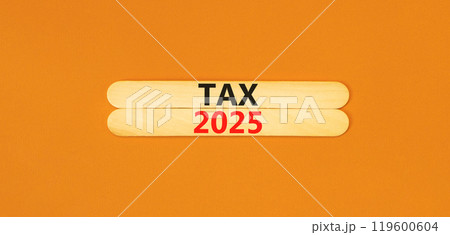 Planning tax 2025 new year symbol. Concept words Tax 2025 on beautiful wooden sticks. Beautiful orange background. Business tax 2025 new year concept. Copy space. 119600604