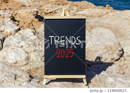 Planning trends 2025 new year symbol. Concept words Trends 2025 on beautiful yellow chalk blackboard. Beautiful stone beach blue sky background. Business trends 2025 new year concept. Copy space. Planning trends 2025 new year symbol. Concept words Trends 2025 on beautiful yellow chalk blackboard. Beautiful stone beach blue sky background. Business trends 2025 new year concept. Copy space. 119600621