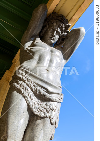 Statue of Atlant on the portico of the New Hermitage in St Petersburg, Russia Statue of Atlant on the portico of the New Hermitage in St Petersburg, Russia 119600633