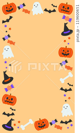 かわいいハロウィンのオレンジフレーム背景ベクターイラスト素材【文字なし】【縦長】 119600651