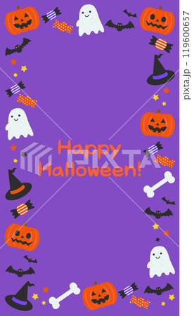 かわいいハロウィンの紫フレーム背景ベクターイラスト素材【文字あり】【縦長】 119600657