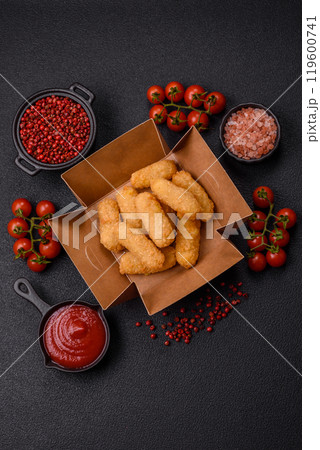 Fast food breaded cheese sticks with salt and spices Fast food breaded cheese sticks with salt and spices 119600741