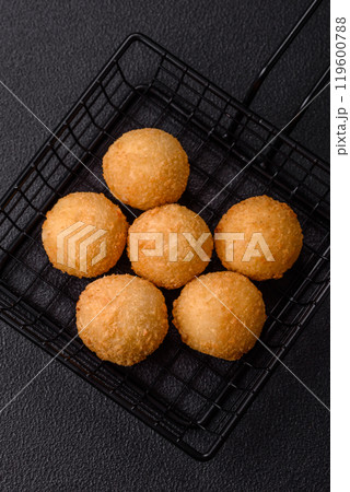 Fast food cheese balls breaded with salt and spices Fast food cheese balls breaded with salt and spices 119600788