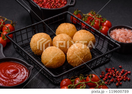 Fast food cheese balls breaded with salt and spices Fast food cheese balls breaded with salt and spices 119600789