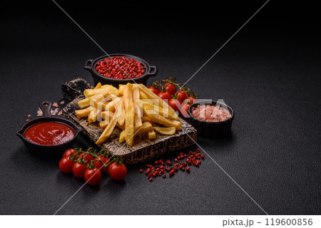 Fast food french fries with salt and spices Fast food french fries with salt and spices 119600856