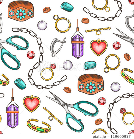 Hand made seamless pattern with tools, jewelry and beads 119600957