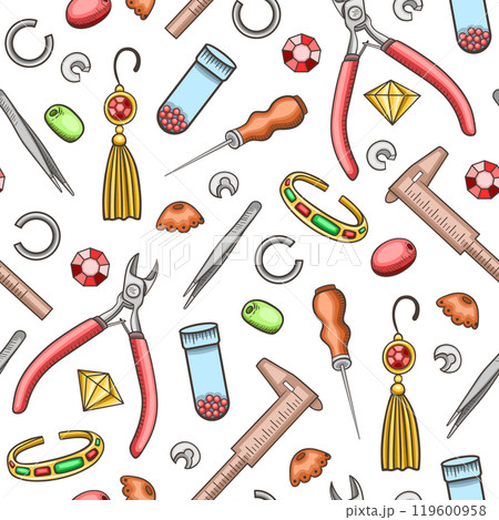 Hand made seamless pattern with tools and jewelry 119600958