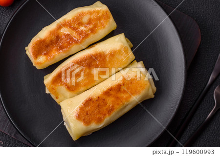 Sweet or savory crepe with different fillings for a hearty breakfast 119600993