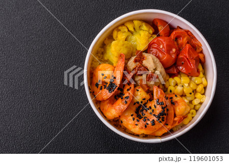 Boiled tiger shrimps with porridge, tomatoes and corn 119601053