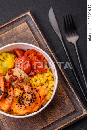 Boiled tiger shrimps with porridge, tomatoes and corn 119601057