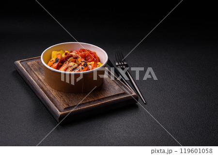 Boiled tiger shrimps with porridge, tomatoes and corn 119601058