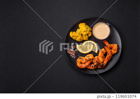 Boiled tiger prawns with white sauce and lemon Boiled tiger prawns with white sauce and lemon 119601074