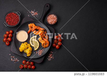 Boiled tiger prawns with white sauce and lemon Boiled tiger prawns with white sauce and lemon 119601083