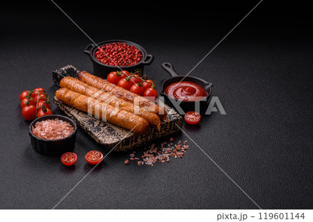 Juicy fried beef or pork sausages with salt, spices and herbs 119601144