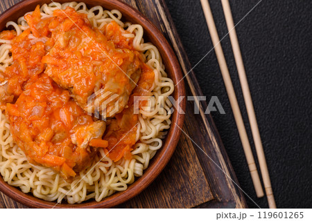 Rice noodles with fish and sauce, salt and spices 119601265