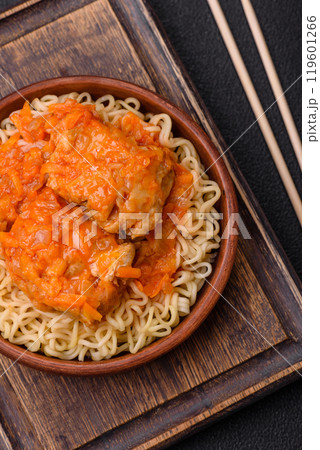 Rice noodles with fish and sauce, salt and spices 119601266