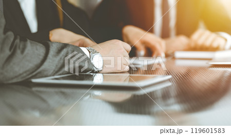 Unknown businessmen and woman sitting, using laptop computer and discussing questions at meeting in sunny office, close-up. Success concept Unknown businessmen and woman sitting, using laptop computer and discussing questions at meeting in sunny office, close-up. Success concept 119601583