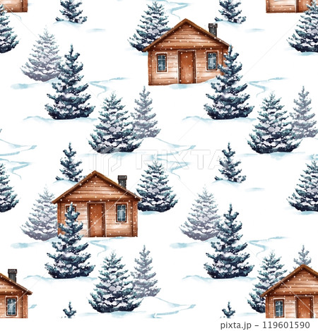 Seamless pattern with chalet. Wooden cabin in fir forest. Winter woodland 119601590