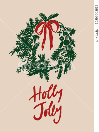 Vector poster of Christmas wreath and bow. Hand-drawn vintage poster with handwritten short phrase isolated on beige background. Illustration for design, print, fabric or background. Vector poster of Christmas wreath and bow. Hand-drawn vintage poster with handwritten short phrase isolated on beige background. Illustration for design, print, fabric or background. 119601695