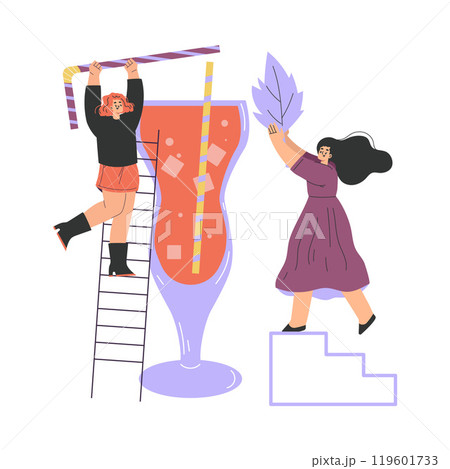 Woman Character with Big Cocktail Glass on Ladder Add Mint and Straw Vector Illustration 119601733