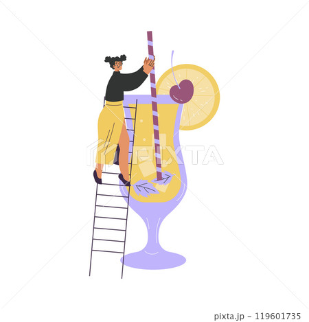 Woman Character with Big Cocktail Glass on Ladder Add Straw Vector Illustration 119601735