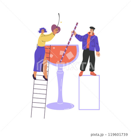 Man and Woman Character with Big Cocktail Glass on Ladder Add Cherry and Straw Vector Illustration 119601739